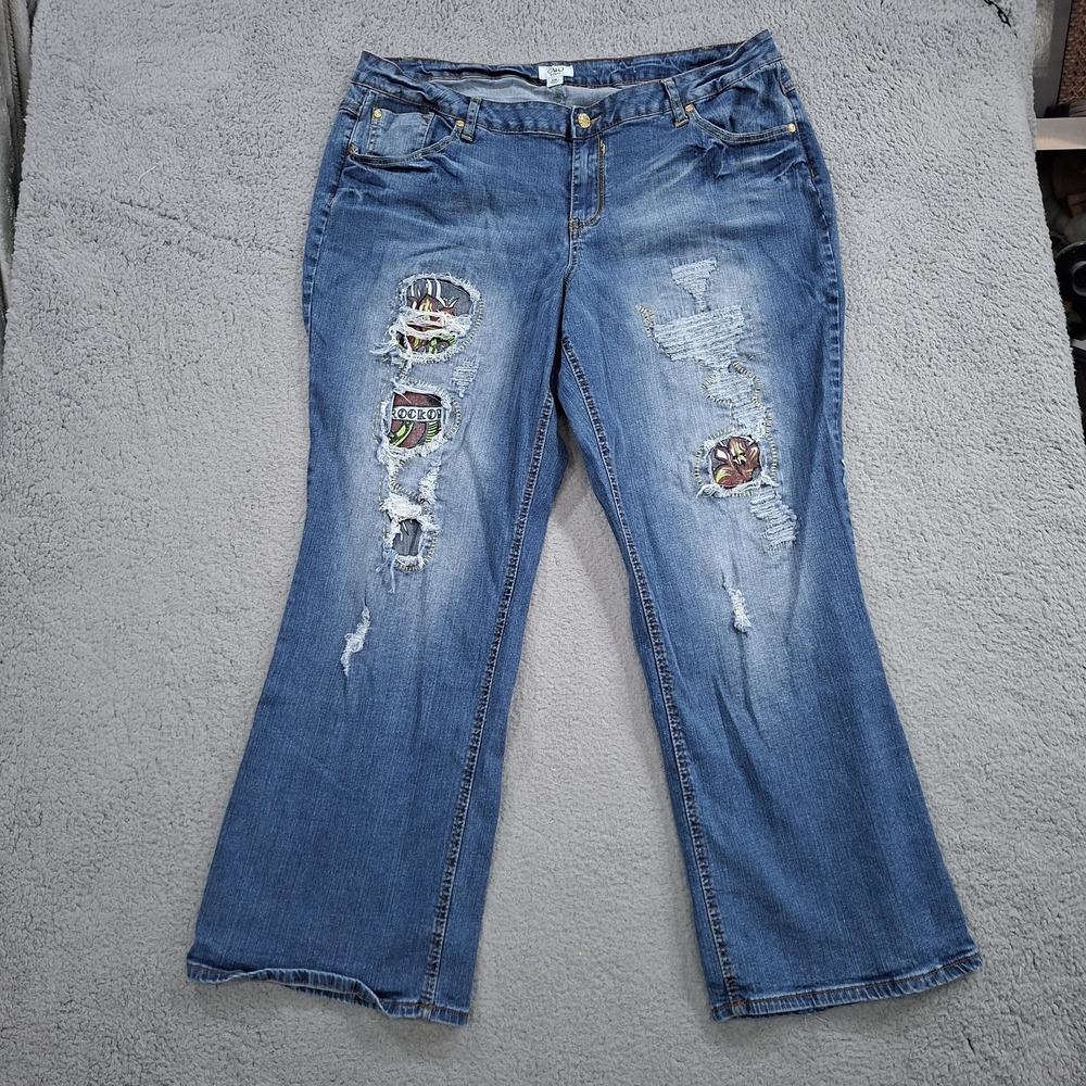 Cato Womens 22W Wide Leg Jeans Embroidered Patched Boho Flare Stretch Denim Blue